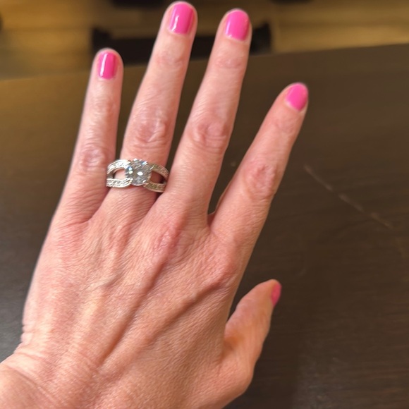 Silver Solitaire Diamond Ring with Side Accents - Picture 2 of 6